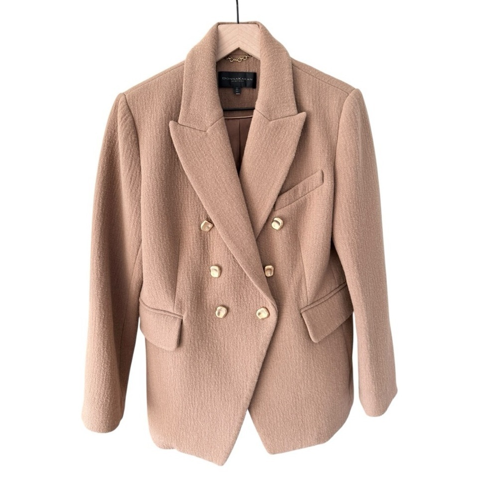 Donna Karan New York Wool Blazer Camel Double-Breasted Gold Buttons Size M
